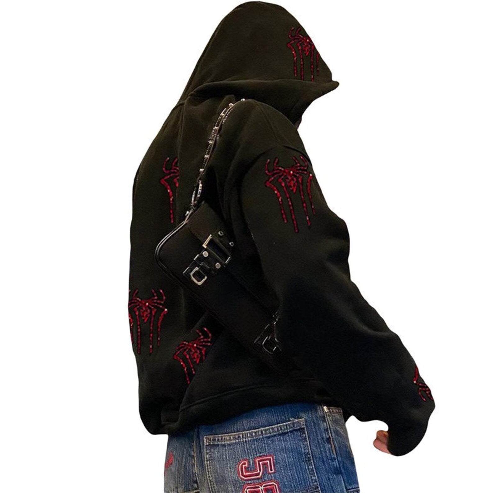 Y2K Rhinestone Spider Zip-Up Hoodie